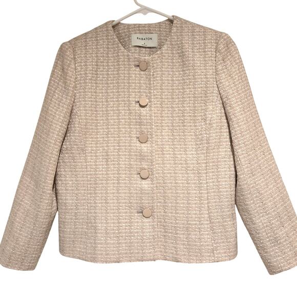 Babaton Size 8 Neutral Beige Little Tweed Cropped Button-Up 3/4 Sleeve Jacket - Picture 4 of 11
